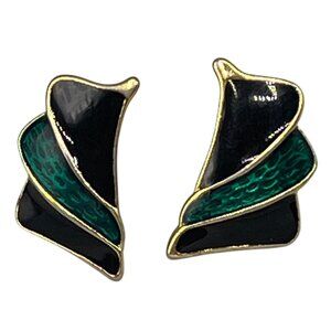 80’s Retro Black & Green Enamel Gold Tone Art Deco Metal Fan Leaf Waves Costume